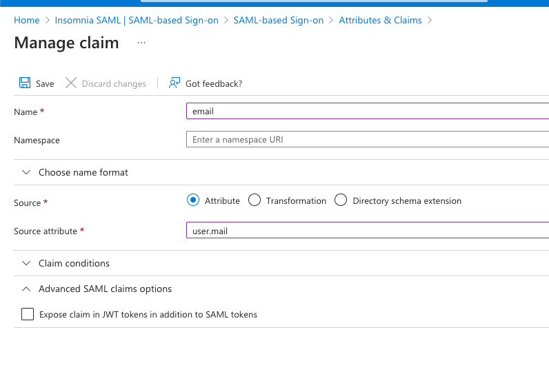 microsoft entra saml add email attribute